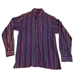 Presto Vintage Pure 100% Silk Striped Button Down Shirt Purple Medium